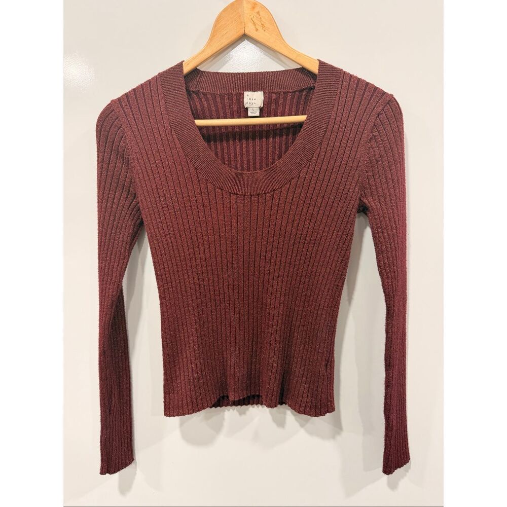 A New Day Burgundy Metallic Ribbed Sweater L
